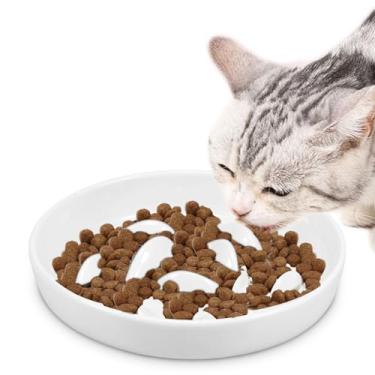 Imagem de Tigela de alimentação lenta de cerâmica para gatos, alimentador lento, 7 cm L × 2,9 cm A, design em forma de peixe, prato de comida de gato, antivômito, tigela de comida lenta para alimentação