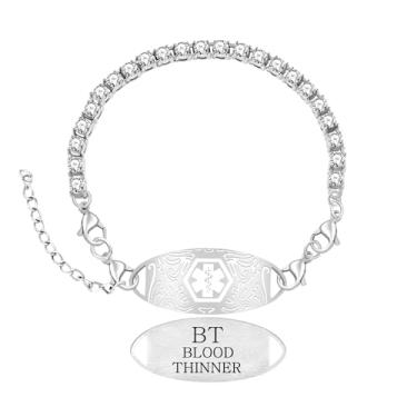 Imagem de Zircobic Pulseira feminina de identificação médica com corrente de tênis de zircão branco, placa gravada intercambiável, fecho lagosta ajustável, leve, hipoalergênica, para corrida, ao ar livre, uso