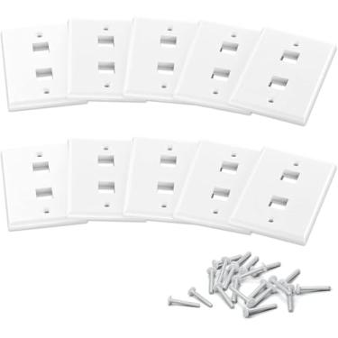 Imagem de Placa de parede individual – 2 portas RJ Keystone Faceplate, branca, com parafusos | Tamanho padrão, fácil instalação para conectores Ethernet/voz/dados, pacote com 10