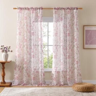 Imagem de Cortinas florais rosa 2 painéis de comprimento 2 painéis para sala de estar, sala de jantar, tema de jardim, filtro de luz, bolso para varão, cortinas transparentes francesas românticas para decoração
