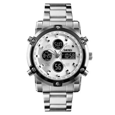 Imagem de Relógio Masculino 1389 Grande AnaDigi Analógico Digital Multifuncional Original Cronômetro Timer Calendário Ponteiro Luminoso Luz Led Noturna (Prata/Branco)
