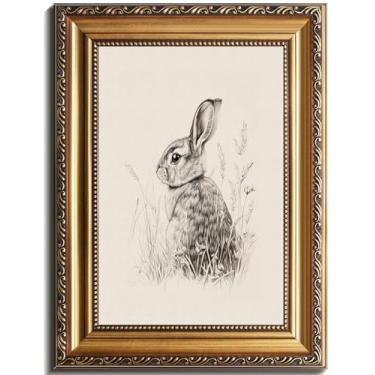 Imagem de uniro Arte de parede vintage com moldura dourada, decoração de casa de fazenda, desenho de coelhinho da Páscoa, pintura de impressão em tela, imagem de desenho de coelho neutro antigo, decoração de