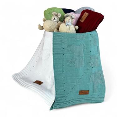 Imagem de Kit 2 Manta Cobertor Tricot Bebê Saída Maternidade Recém Nascido Lã (Branco e Verde Maré)
