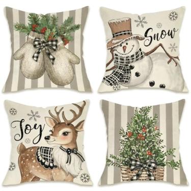 Imagem de Fahrendom Capas de almofada decorativas de boneco de neve de inverno, 45,7 x 45,7 cm, conjunto de 4, luva de rena, árvore de Natal, varanda e pátio, capa de almofada de sofá com listras cinza e neve
