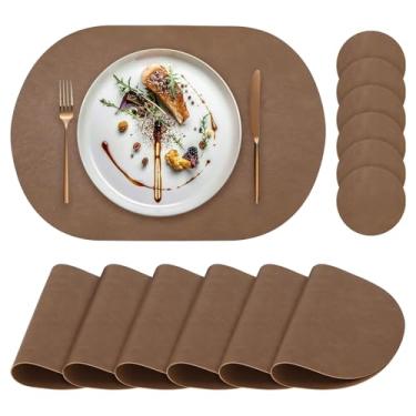 Imagem de yuuzue Jogo americano de couro sintético conjunto de 6 com porta-copos combinando, jogo americano oval de poliuretano resistente ao calor, impermeável, limpável, lavável, jogo americano antiderrapante