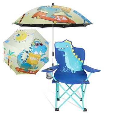 Imagem de KABOER Cadeira de acampamento dobrável infantil dinossauro com guarda-chuva, gramado dobrável ao ar livre e cadeira de acampamento com suporte de copo e bolsa de transporte para esportes, acampamento