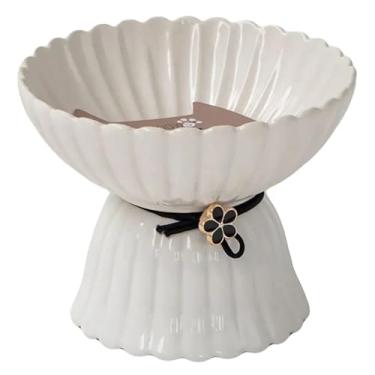 Imagem de Dexypaws: Tigela de cerâmica elevada para gatos - flor branca e preta - capacidade de 240 ml, prato de alimentação para animais de estimação, pode ser lavado na lava-louças, comida e água, altura