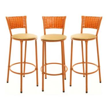 Imagem de KIT 3 Banquetas Alta Encapada Junco IMBUIA Area de Lazer Cozinha Balcã
