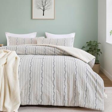 Imagem de Purefair Conjunto de edredom 100% algodão jacquard, estampa floral listrada, macio, leve, reversível, 3 peças para todas as estações, King (264 x 228 cm)