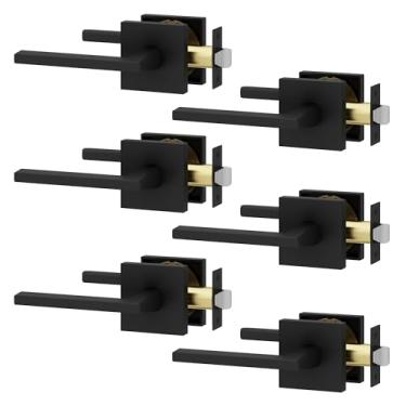 Imagem de Okun Pacote com 6 alavancas quadradas para porta de passagem em preto fosco – Alças interiores reversíveis sem travamento com design elegante de montagem oculta para corredores e armários