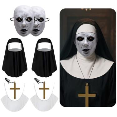 Imagem de 2 conjuntos/8 peças de máscara de freira assustadora de Halloween, acessórios de máscara de freira de cabeça inteira, conjunto de colar com pingente de cruz para mulheres, fantasia de festa de cosplay