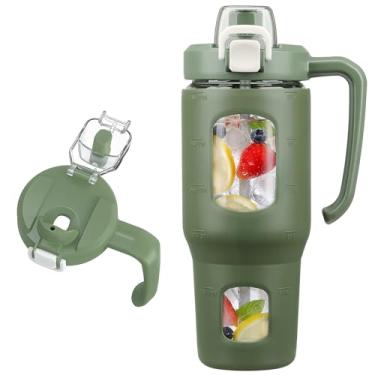 Imagem de Copo de vidro de 946 ml com alça e tampa 2 em 1, copo de café gelado reutilizável para smoothie, matcha, milkshake, garrafa de água de vidro à prova de vazamento com canudo e manga de silicone, livre