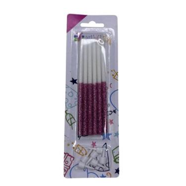 Imagem de Vela Palito Metade Glitter Rosa - Cartela com 6 Unidades para Decoraçã