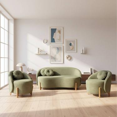 Imagem de Kit 01 Sofá 2 Lugares + 02 Poltronas Orgânicos c/ Almofadas Curvo Sala Recepção Amsterdã Boucle Verde Oliva - Montanari`s Decor