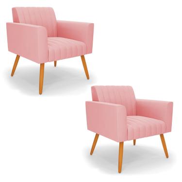 Imagem de Kit 2 Poltronas Viena Gomada Suede Rosê Pés Palito Castanho - D'Rossi