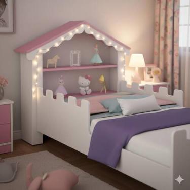 Imagem de Mini Cama Magia Infantil Casinha Branco e Rosa Nichos Vitamov