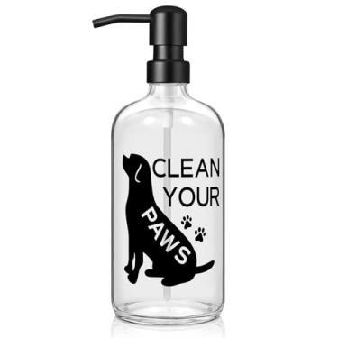 Imagem de zuxzmj Dispensador de sabão para mãos de cachorro garrafa de vidro transparente com bomba preta de aço inoxidável 304 500 ml recarregável para cozinha e banheiro, presente para amantes de animais de