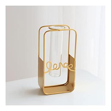 Imagem de Vaso de flores A moldura geométrica de ferro dourado está equipada com um pequeno vaso de vidro. Feito à mão para casa, escritório, casamento, banquete, decoração, vaso (sem flores), vasos de flores