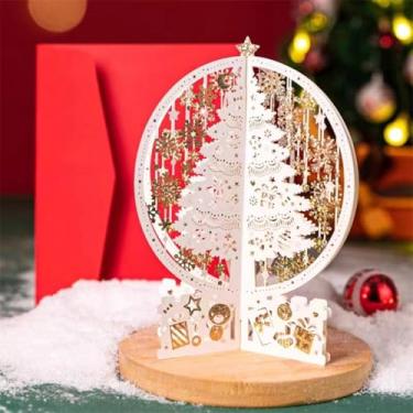 Imagem de Cartão comemorativo com bola de cristal dourada de Natal pop-up 3D, árvore de Natal branca cortada a laser com flocos de neve, cartão festivo para presentes de Natal e decoração
