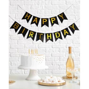 Imagem de Faixa de feliz aniversário, decorações de festa brilhantes com 13 bandeiras, guirlanda ajustável para adultos, mulheres, homens e cenários fotográficos - preto
