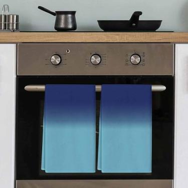 Imagem de Conjunto de 2 toalhas de prato e panos de prato de cor gradual degradê azul ombré toalha de mão macia absorvente toalha de chá para secar pratos, cozinha, banheiro, decoração de casa