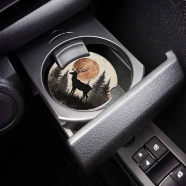 Imagem de Conjunto de 2 porta-copos Boho Black Elk para carro, cervo da floresta vintage, vida selvagem, pedra de cerâmica absorvente com entalhe de dedo para facilitar a remoção do porta-copo automático