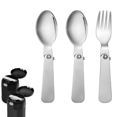 Imagem de 2 colheres de substituição e 1 garfo compatível com Thermos Funtainer pote de comida isolado de 283 g, colher dobrável de metal de aço inoxidável, utensílios de colher dobrável portátil para peças