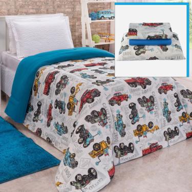 Imagem de Coordenado Coberdrom Edredom e Lençol Solteiro 4 Peças Carros - Azul
