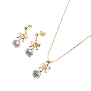 Imagem de Conjunto Feminino Semijoia Folheada a Ouro 18k com Colar e Brinco Fecho Click Laço Zircônia Cristal