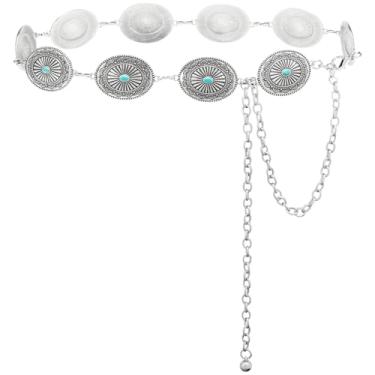 Imagem de BOSTANTEN Cinto feminino de corrente de metal ocidental para cowgirl, boêmio, turquesa, jeans, roupa de concerto country, 001 disco vintage prata, Length 49" (30"+extended chain 19")