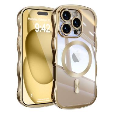 Imagem de UEEBAI Capa para iPhone 16 Pro Max, linda capa de celular magnética com moldura ondulada compatível com Magsafe, capa de telefone galvanizada macia para mulheres e meninas - dourada
