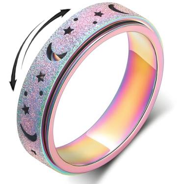 Imagem de AmorArtSky Anel de ansiedade para mulheres e homens, anel giratório de aço inoxidável de titânio, 5 cores, 6 mm, tamanho 6-10, 3 estilos de anel de ansiedade - estrela da lua, acabamento jateado,