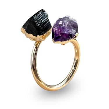 Imagem de Anel de turmalina preta para mulheres, anéis pretos vintage dourado para homens, anel de pedra natural ajustável para joias grossas, Adjustable, Pedras preciosas, Turmalina preta + ametista