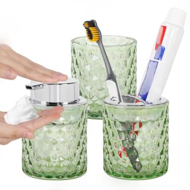 Imagem de Fvstar Conjunto De Acessórios Para Banheiro Em Vidro Verde, Porta-Escovas Dentes, Dispensador Sabonete E Copos, 3 Copos Espuma Escova, Pasta Dente