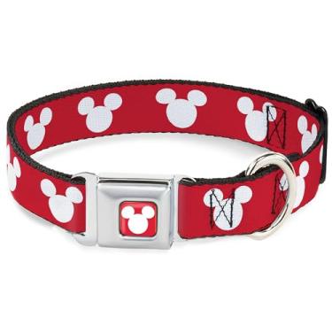Imagem de Coleira Disney para animais de estimação, fivela de cinto de segurança de metal, colar de cachorro, ícone de orelhas de Mickey Mouse, vermelho, branco, 40,6 a 58,8 cm de largura