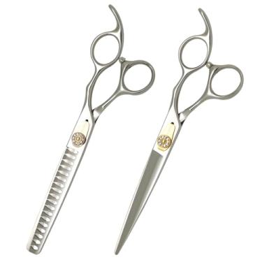 Imagem de SnipStar 7 polegadas de tesoura profissional de animais de estimação conjunto de alta gama reta e tesouras chunker 18 dentes para cuidados de cães, taxa de diluição 45%