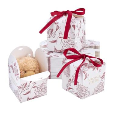 Imagem de PH PandaHall 50 caixas de presente de festa rosa 7 x 7 x 6 cm caixas de lembrancinhas de flores de rosa pequena caixa de presente caixa de doces de papel com fita para Natal, casamento, festa de