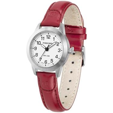 Imagem de PINDOWS Relógios femininos, elegante design analógico de quartzo com pulseira de couro, relógio feminino moderno à prova d'água com mostrador luminoso fácil de ler, M649N6: Vermelho prateado, Relógio