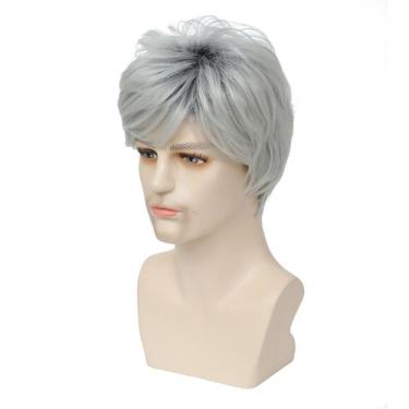 Imagem de Peruca masculina curta prateada cinza sintética 30cm 130g - yiweisai