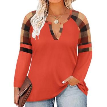 Imagem de Camiseta CARCOS Plus Size com estampa xadrez laranja para mulheres 5GG