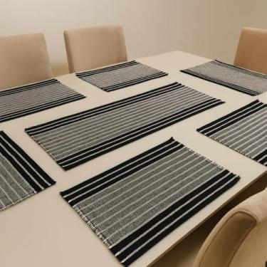 Imagem de Conjunto de 5 jogos americanos + caminho de mesa de Natal Jogos americanos de Natal Mesa de jantar Para uso doméstico(Preto listrado)