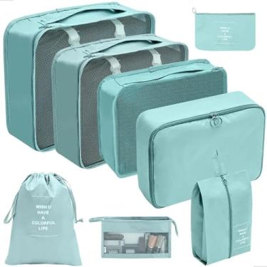 Imagem de Kit Organizador de Mala 8 Peças Packing Cubes com Compressão Porta Sapatos Necessaire Transparente Roupas Sujas para Viagem (Azul Claro)