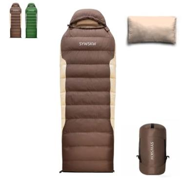 Imagem de SYWSKW Saco de dormir com travesseiro, saco de dormir retangular ultraleve para adultos, mochila jovem, caminhada e acampamento ao ar livre com zíper bidirecional YKK 680 FP Down (café 1,7 °C)