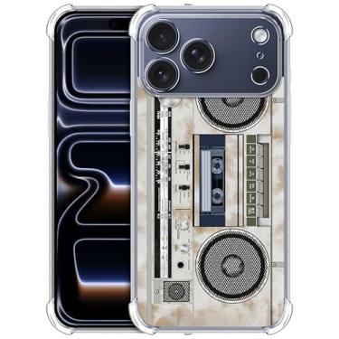 Imagem de GlamCase Capa transparente para iPhone 17 Pro, capa transparente para iPhone 17 Pro - Design vintage de gravador de cassete de rádio impresso à prova de choque capa traseira de TPU transparente