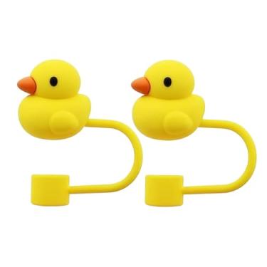 Imagem de 2 peças de tampa de palha de pato de 10 mm, lindas capas de silicone para copo Stanley, tampas reutilizáveis à prova de poeira, dispensadores de bebida - amarelo