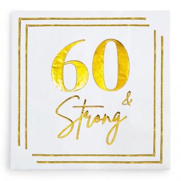 Imagem de Guardanapos de coquetel de aniversário de 60 anos, decorações de festa de aniversário de 60 anos, decoração de guardanapo de papel descartável "60 & Strong" para homens e mulheres, celebração de