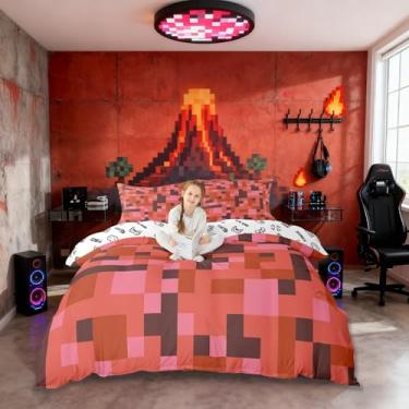 Imagem de Pixelated Miners Jogo de capa de edredom gamer tamanho casal, conjunto de cama infantil com estampa camuflada geométrica, gamepad reversível, decoração de quarto de videogame, capa de colcha marrom