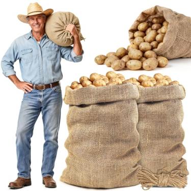 Imagem de MAQIHAN Sacos de serapilheira de batata resistentes de 49,8 cm x 89 cm – 2 sacos reutilizáveis de armazenamento de cebola de juta natural com corda, para jogos de corrida de gramado, proteção de