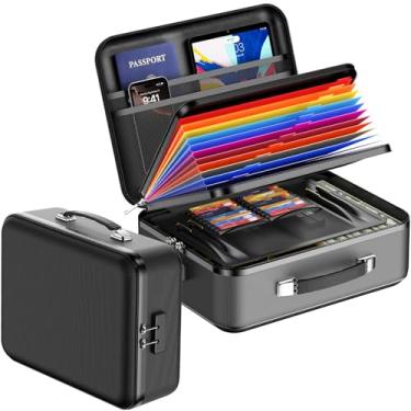 Imagem de Dcorn Caixa de documentos à prova de fogo com fechadura, organizador de arquivos rígido à prova d'água com pasta sanfonada, caixa de arquivos portátil à prova de fogo para armazenamento de documentos