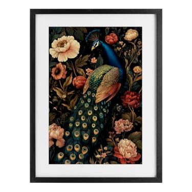 Imagem de Stupell Industries Impressão emoldurada de pavão vintage em flores brancas sob vidro, design por Petal Prints Design, 20 x 14